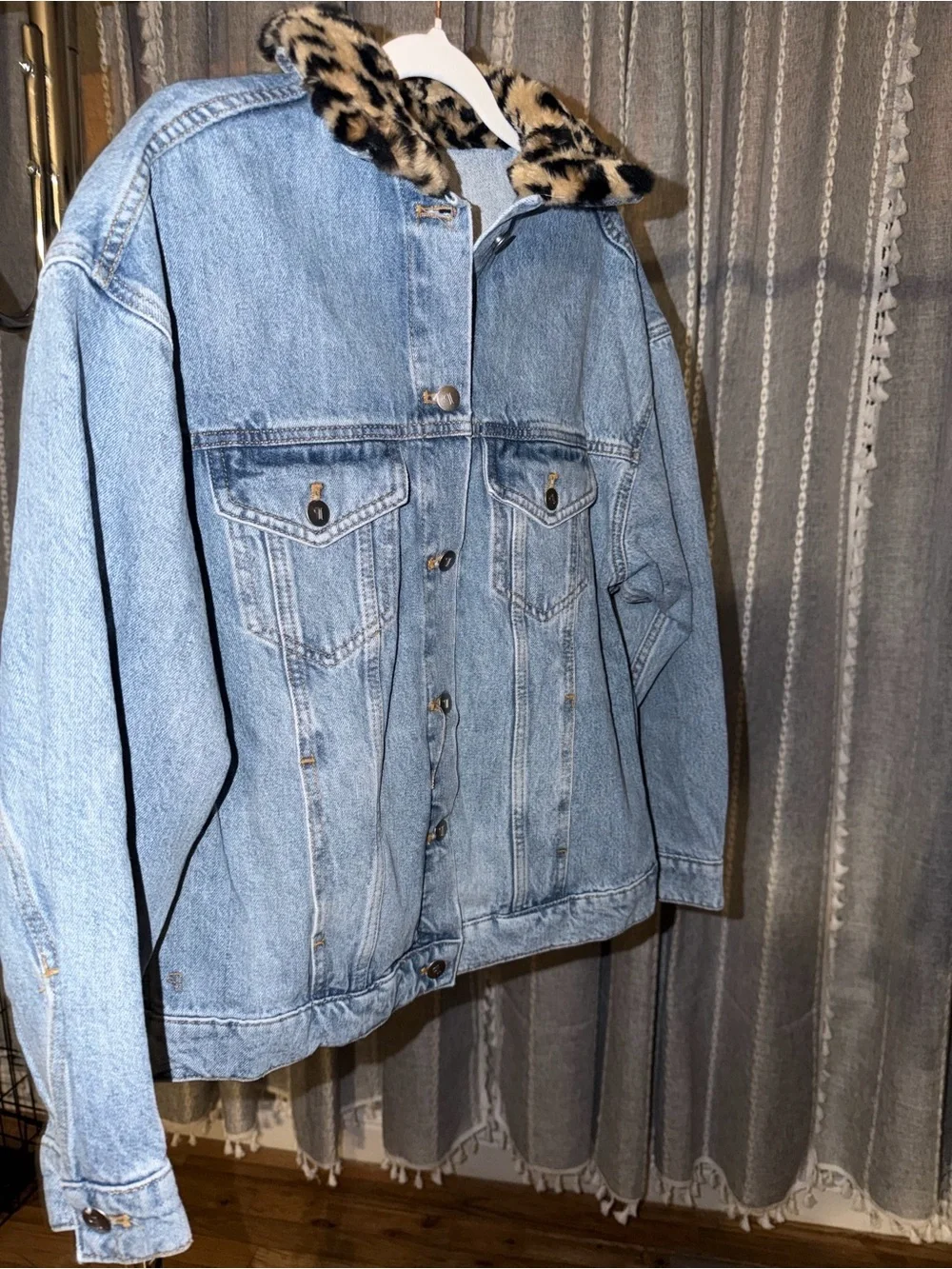 Pilcro Light Blue Denim Jacket with Faux Leopard Collar